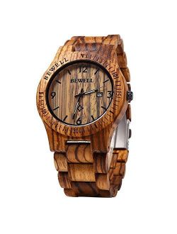 Bewell W086B Mens Wooden Watch Analog Quartz Lightweight Handmade Wood Wrist Watch