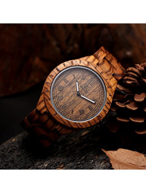 LeeEv Luxury Brand Wooden Watches, UWOOD Series Zebra Sandal Wooden Mens Quartz Watches Fashion Natural Roman Numeral Wood Watch