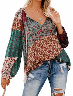 GOSOPIN Womens Long Puff Sleeves Boho Floral Print Lace Trim Patchwork Loose Fitting Tunic Tops Blouses Shirts S-XXL