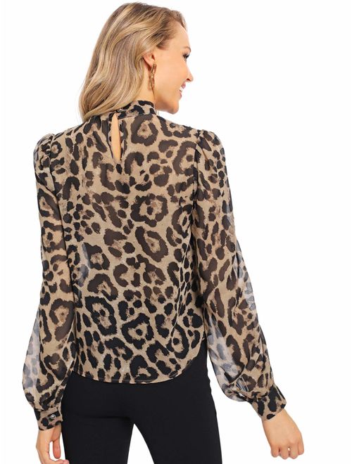 SheIn Women's Choker Neck Long Sleeve Sheer Leopard Print Chiffon Blouse Top