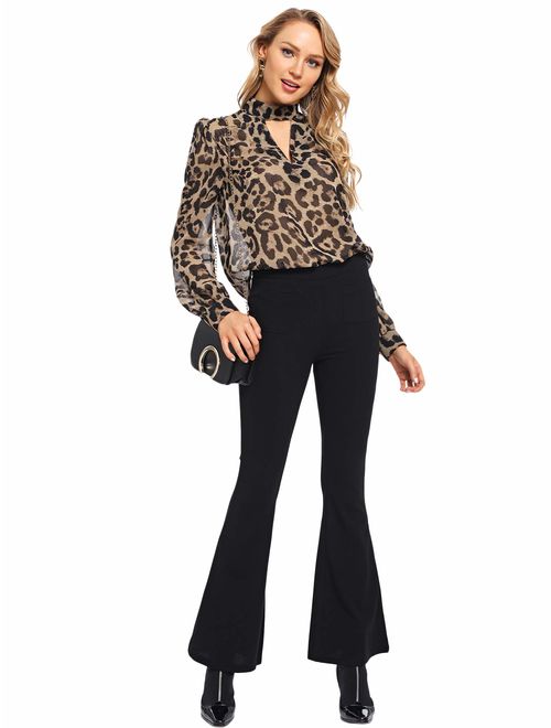 SheIn Women's Choker Neck Long Sleeve Sheer Leopard Print Chiffon Blouse Top