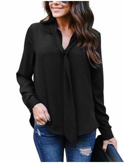 Women's Cuffed Long Sleeve Casual V Neck Chiffon Blouses Tops with Tie