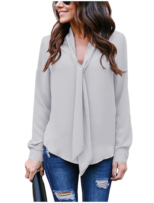 Women's Cuffed Long Sleeve Casual V Neck Chiffon Blouses Tops with Tie