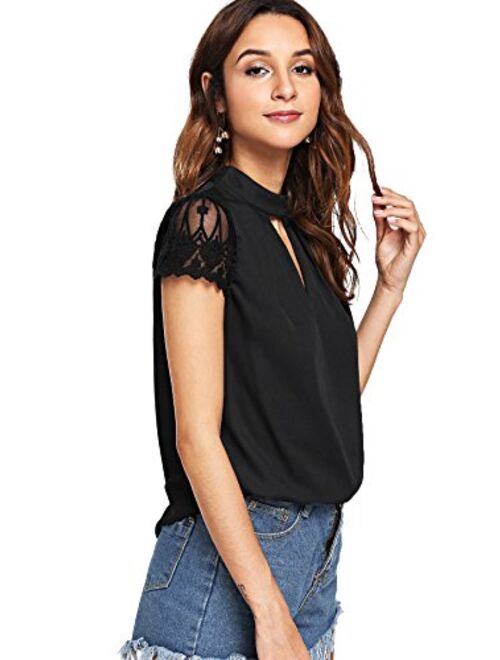 ROMWE Women's Elegant Lace Short Sleeve Sexy Keyhole Blouse Shirt
