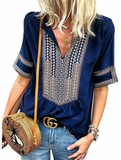 FARYSAYS Women's Boho Embroidered V Neck Long Sleeve Casual T-Shirt Tops Loose Blouse
