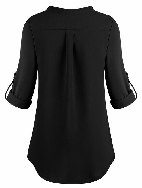 Moyabo Womens Bow Tie Neck Long/Short Sleeve Casual Office Chiffon Blouse Top