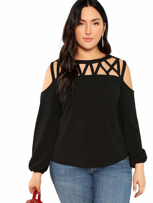 ROMWE Women's Plus Size Long Lantern Sleeve Cold Shoulder Hollow Out Casual Top Blouse