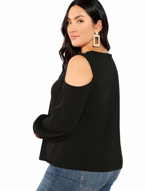 ROMWE Women's Plus Size Long Lantern Sleeve Cold Shoulder Hollow Out Casual Top Blouse
