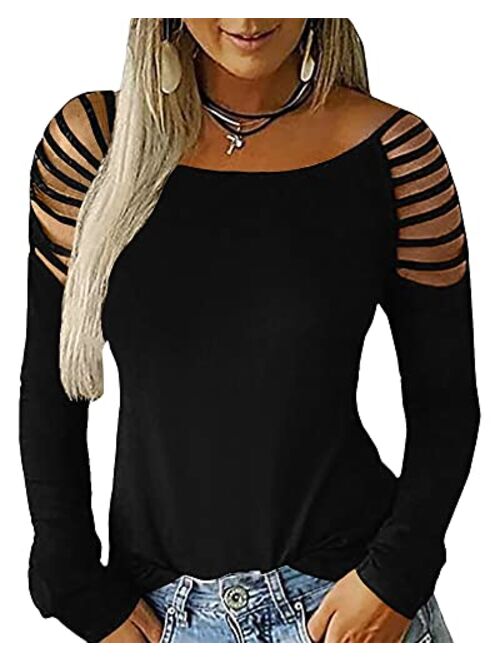 Cicy Bell Women's Long Sleeve Cold Shoulder Tops Plain Hollow Out Boat Neck Casual Blouses Shirts