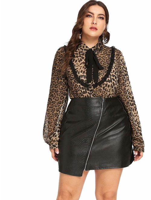 ROMWE Women's Plus Elegant Leopard Chiffon Button Down Bow Tie Blouse Top Shirts