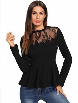 Women's Lace Mesh Round Neck Pleated Elegant Slim Fit Peplum Top Shirt Blouse