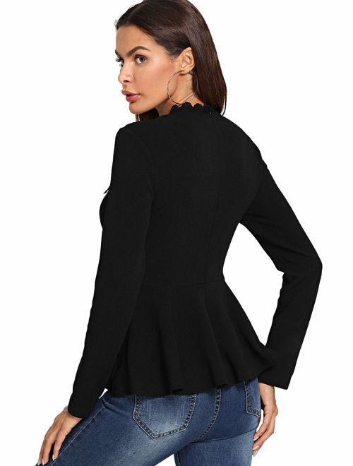 ROMWE Women's Lace Mesh Round Neck Pleated Elegant Slim Fit Peplum Top Shirt Blouse