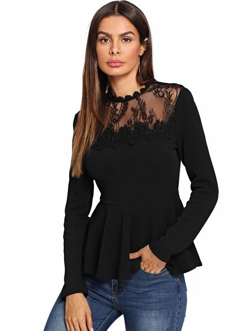 ROMWE Women's Lace Mesh Round Neck Pleated Elegant Slim Fit Peplum Top Shirt Blouse