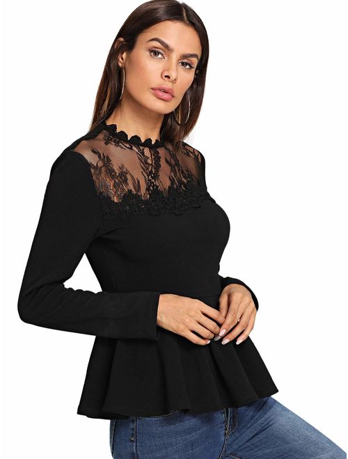 ROMWE Women's Lace Mesh Round Neck Pleated Elegant Slim Fit Peplum Top Shirt Blouse