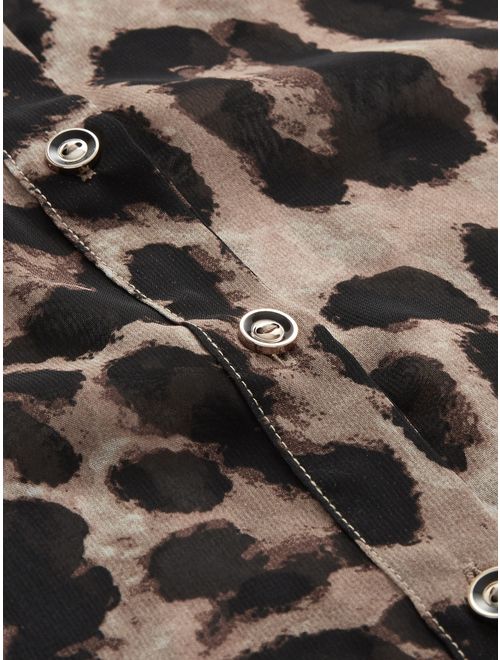 Floerns Women's Long Sleeve Button Down Sheer Leopard Print Chiffon Blouse
