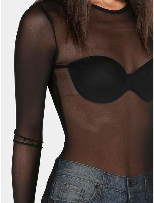 Kyerivs Women's Mesh Tops Long Sleeve Sexy Tops See Through Sheer Blouses