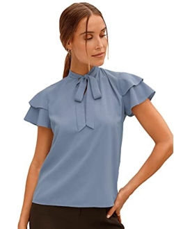 Women's Casual Short Sleeve Ruffle Bow Tie Blouse Top Shirts