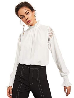 Women's Long Sleeve Stand Collar Lace Chiffon Blouse Top