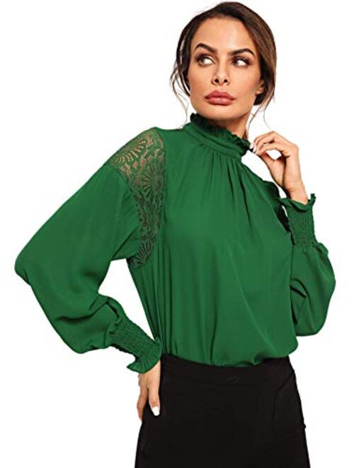 Floerns Women's Long Sleeve Stand Collar Lace Chiffon Blouse Top