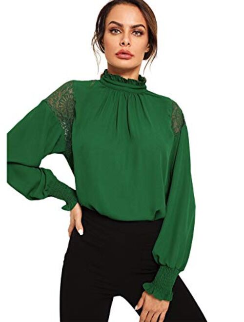 Floerns Women's Long Sleeve Stand Collar Lace Chiffon Blouse Top