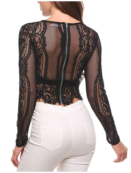 SoTeer Women's Fashion Slim Fit Lace Long Sleeve/Short Sleeve Sexy Sheer Blouse Mesh Lace Crop Top Shirt (S-XXL)