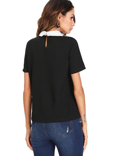 ROMWE Women's Cute Contrast Collar Short Sleeve Casual Work Blouse Tops