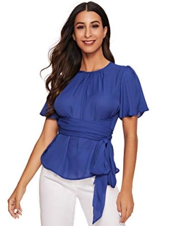 Women's Self Tie Wist Short Sleeve Casual Chiffon Blouse Tops