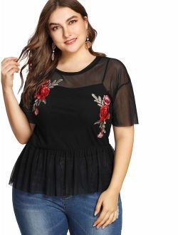 Women's Plus Size Rose Embroidered Sheer Mesh Peplum Top Blouse
