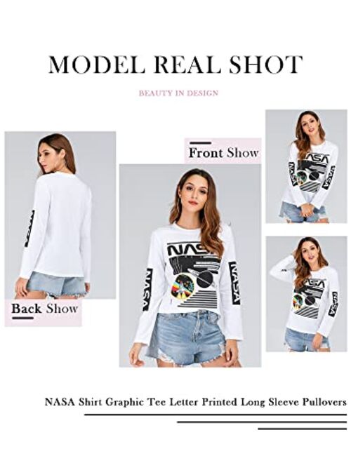 WLLW Women Long Sleeve Crew Neck NASA Letter Print NASA Shirt Blouse Sweatshirt