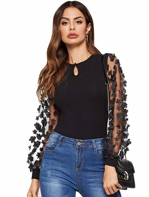 ROMWE Women's Petite Slim Fit Mesh Long Sleeve 3D Embroidered Floral Blouse Shirt Top