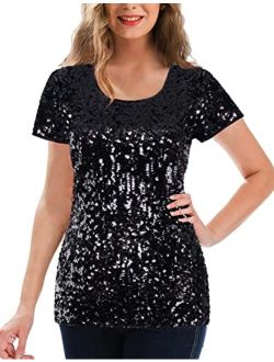 MANER Women's Full Sequin Tops Glitter Party Shirt Short Sleeve Sparkle Blouses S-3X
