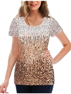 MANER Women's Full Sequin Tops Glitter Party Shirt Short Sleeve Sparkle Blouses S-3X