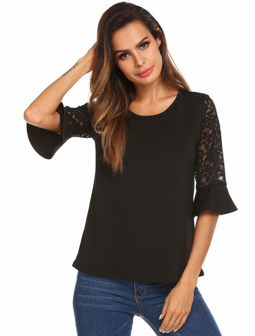 Meaneor 3/4 Sleeve Women Tops and Blouses Round Neck Lace Sleeve T-Shirts for Women S-XXL