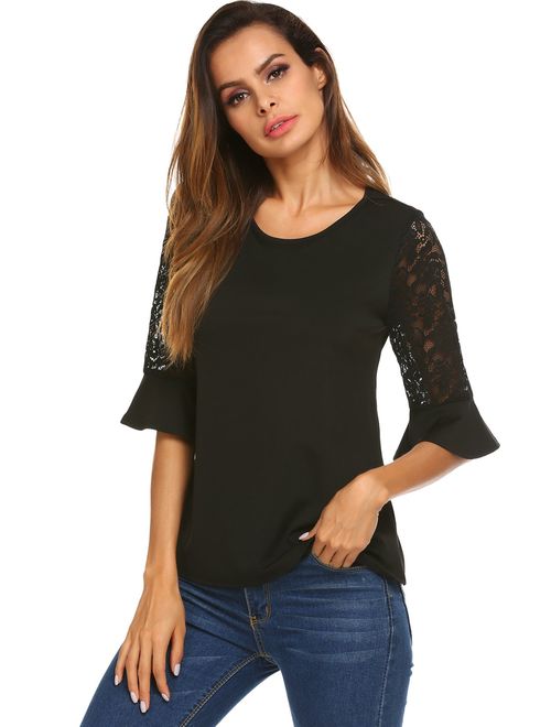 Meaneor 3/4 Sleeve Women Tops and Blouses Round Neck Lace Sleeve T-Shirts for Women S-XXL 