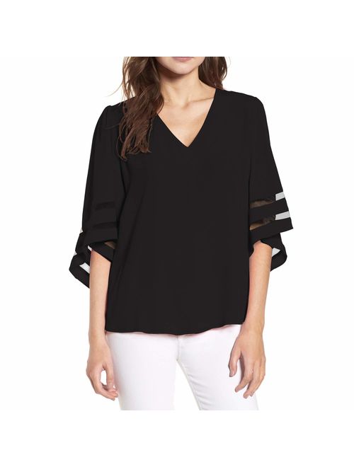 Shy Velvet Women's 3/4 Short Bell Sleeve V Neck Lace Patchwork Chiffon Blouse Casual Loose Shirt Tops