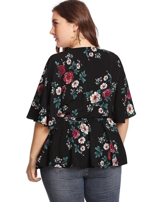 Romwe Women's Plus Size Floral Print Short/Long Sleeve Belt Tie Peplum Wrap Blouse Top Shirts