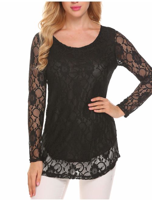 SoTeer Lace Blouse Women's Long Sleeve Casual Loose Boatneck Floral Lace Layered Tops