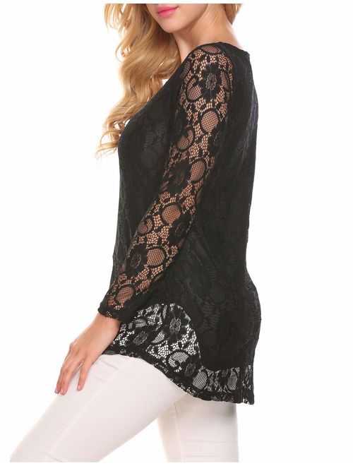 SoTeer Lace Blouse Women's Long Sleeve Casual Loose Boatneck Floral Lace Layered Tops