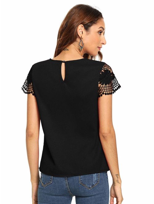 Floerns Women's Short Sleeve Lace Keyhole Summer Chiffon Blouse Top