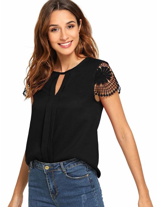 Floerns Women's Short Sleeve Lace Keyhole Summer Chiffon Blouse Top