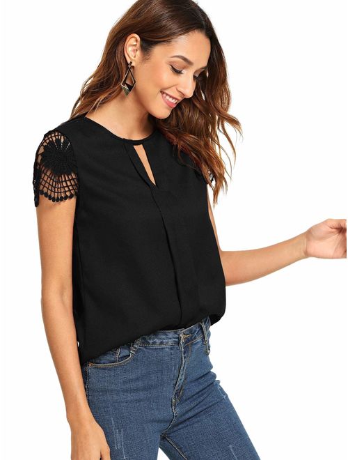 Floerns Women's Short Sleeve Lace Keyhole Summer Chiffon Blouse Top