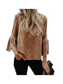Bigyonger Womens Blouses Flare Bell 3/4 Sleeves Faux Suede Tunic Shirt Tops