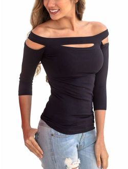 INFITTY Womens Sexy Off The Shoulder Tops Slim Fit Stretchy Cold Shoulder Shirt Blouse