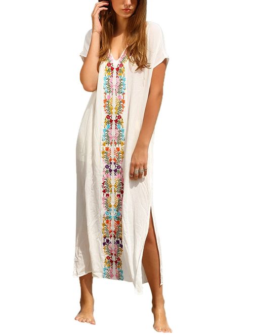 Milumia Women's Bohemian Floral Embroidery Split Maxi Dress Cover Ups