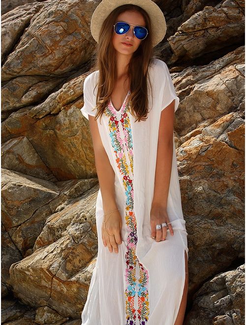 Milumia Women's Bohemian Floral Embroidery Split Maxi Dress Cover Ups