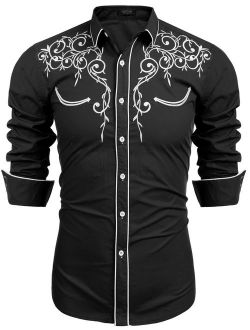 Men's Long Sleeve Embroidered Shirt Slim Fit Casual Button Down Shirts