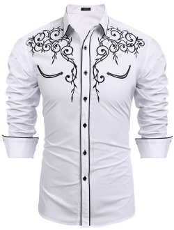 Men's Long Sleeve Embroidered Shirt Slim Fit Casual Button Down Shirts