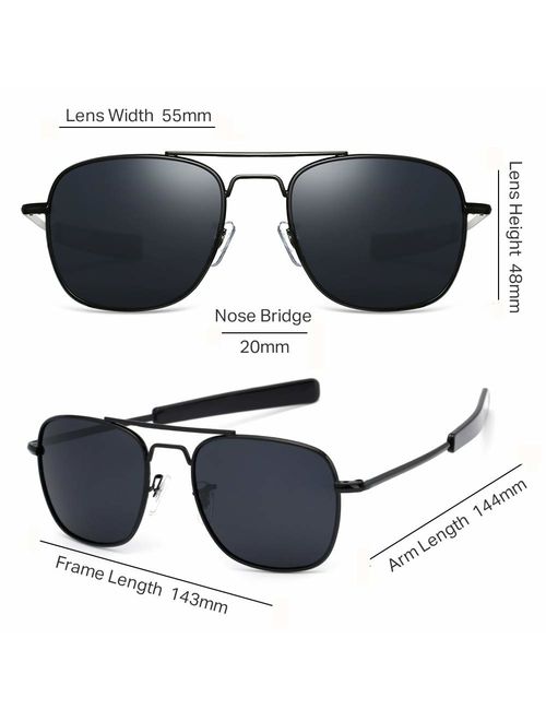Mens Aviator Sunglasses 55mm Polarized Pilot Military Square Shades with Bayonet Temples
