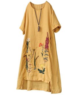 Minibee Women's Embroidered Linen Dress Summer A-Line Sundress Hi Low Tunic Clothing