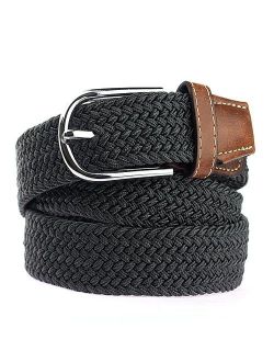 NYFASHION101 Rounded Metal Buckle Brown Inlay Elastic Braided Woven Stretch Belt